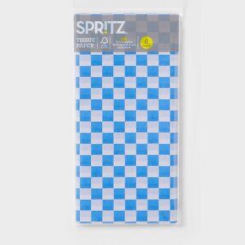 🔵 2 packs (16 sheets total) Spritz Blue and White Checkered Gift Tissue NEW